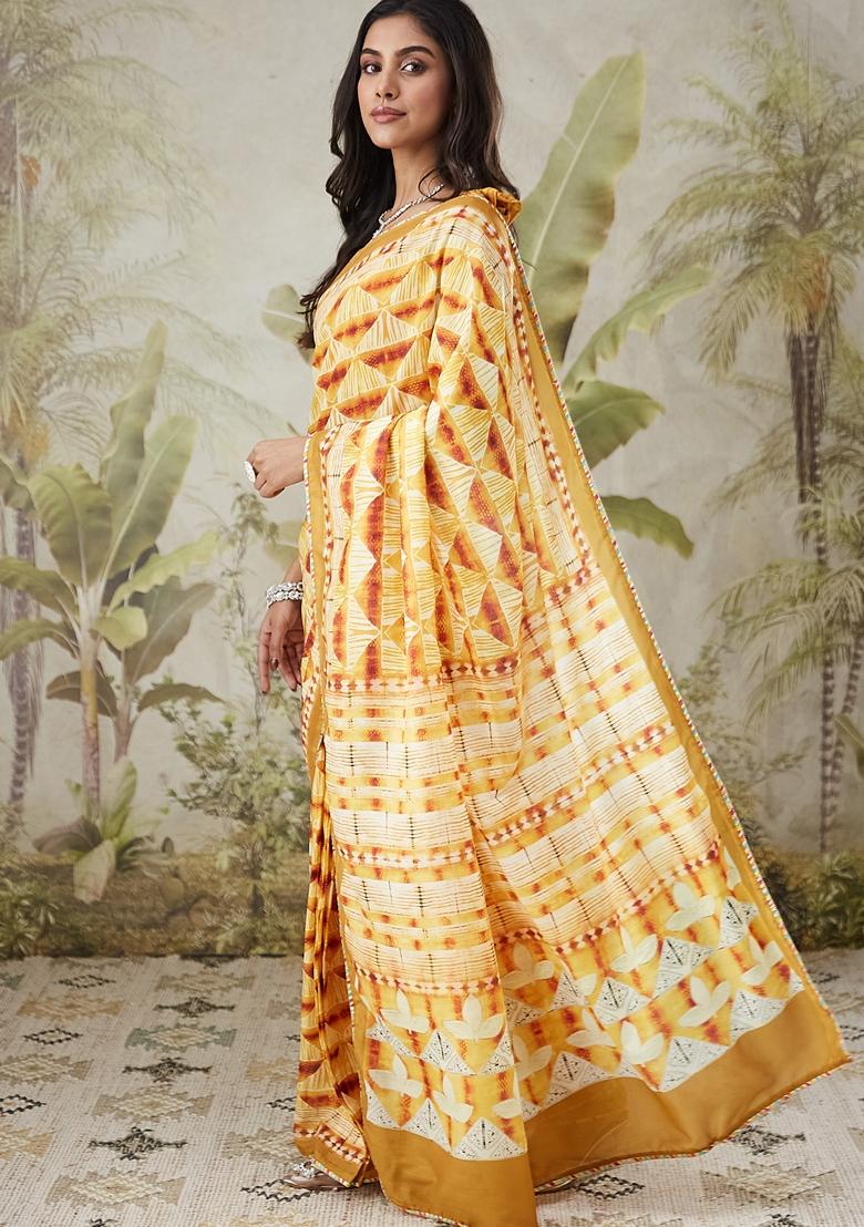 Yellow Geomatric Print Polycotton Saree Set