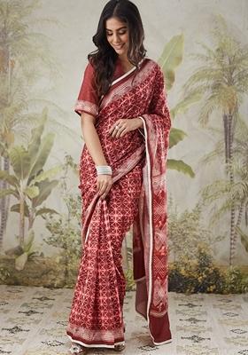 Maroon Geomatric Print Polycotton Saree Set