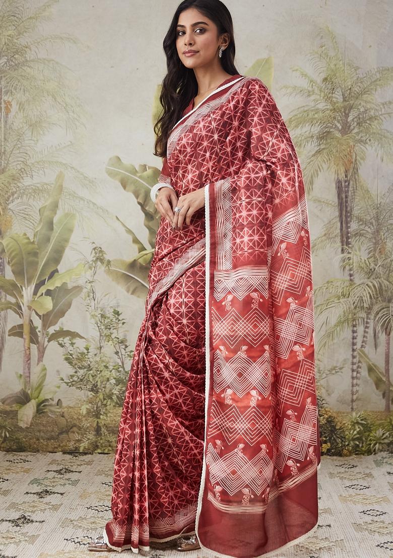 Maroon Geomatric Print Polycotton Saree Set