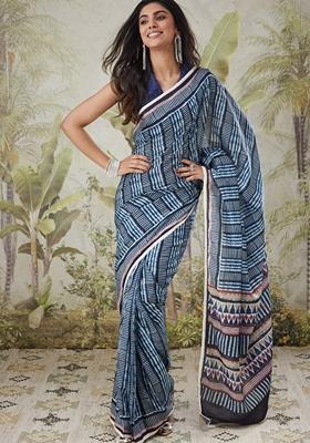 Navy Blue Striped Polycotton Saree Set