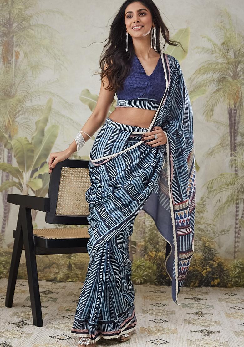 Navy Blue Striped Polycotton Saree Set