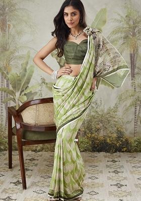 Mint Green Striped Polycotton Saree Set