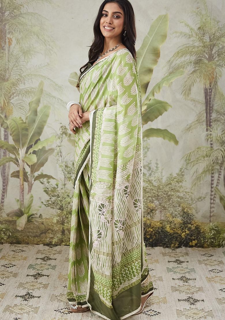Mint Green Striped Polycotton Saree Set