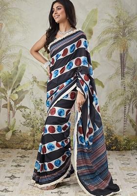 Black Striped Polycotton Saree Set