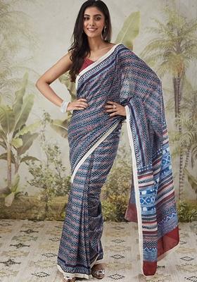 Blue Geomatric Print Polycotton Saree Set