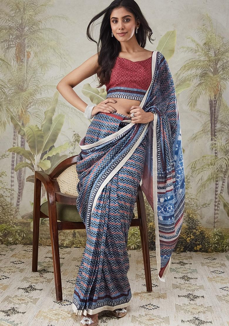 Blue Geomatric Print Polycotton Saree Set
