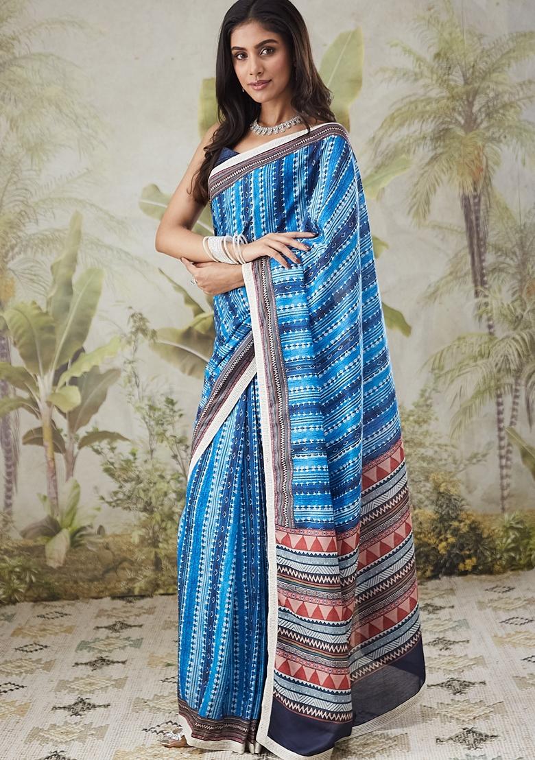 Blue Striped Polycotton Saree Set