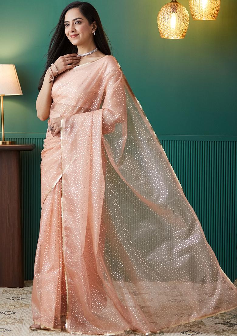 Peach Polka Dots Organza Saree Set