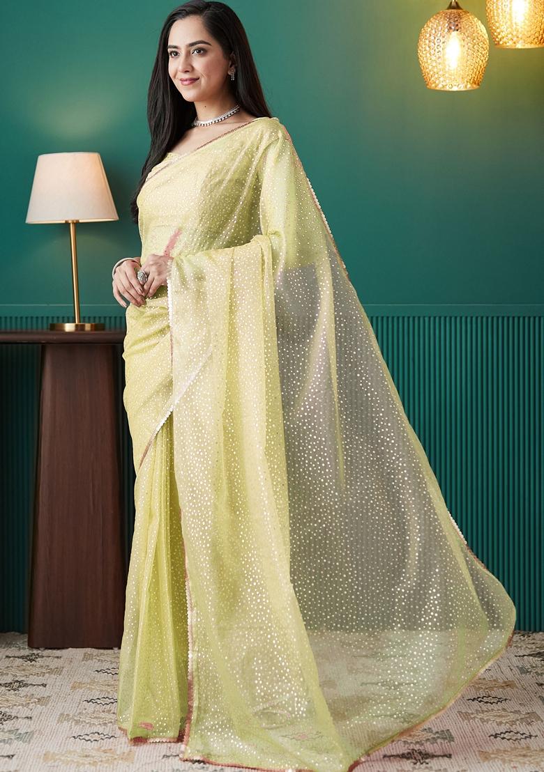 Lime Green Polka Dots Organza Saree Set