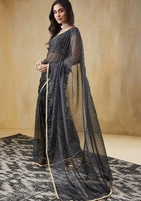 Black Polka Dots Organza Saree Set