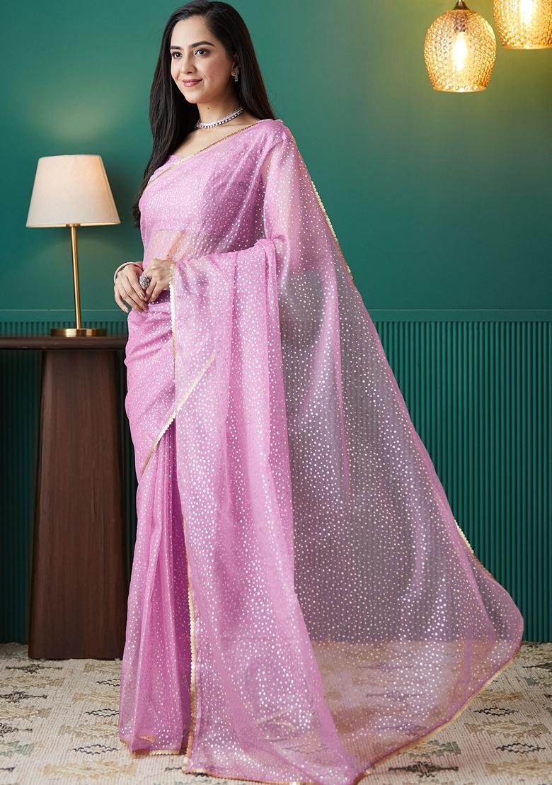Pink Polka Dots Organza Saree Set