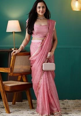 Baby Pink Polka Dots Organza Saree Set