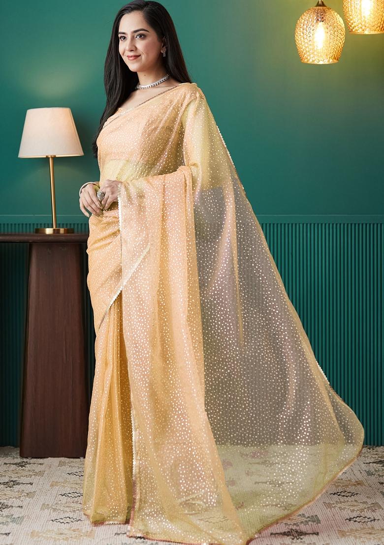 Yellow Polka Dots Organza Saree Set