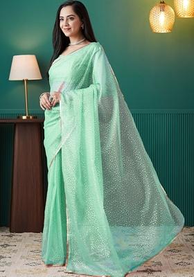 Mint Green Polka Dots Organza Saree Set