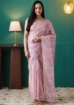 Baby Pink Striped Organza Saree Set