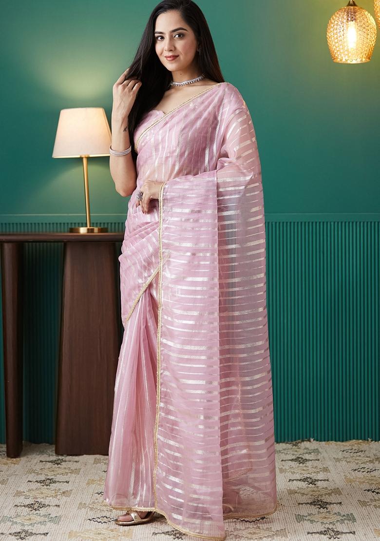 Baby Pink Striped Organza Saree Set