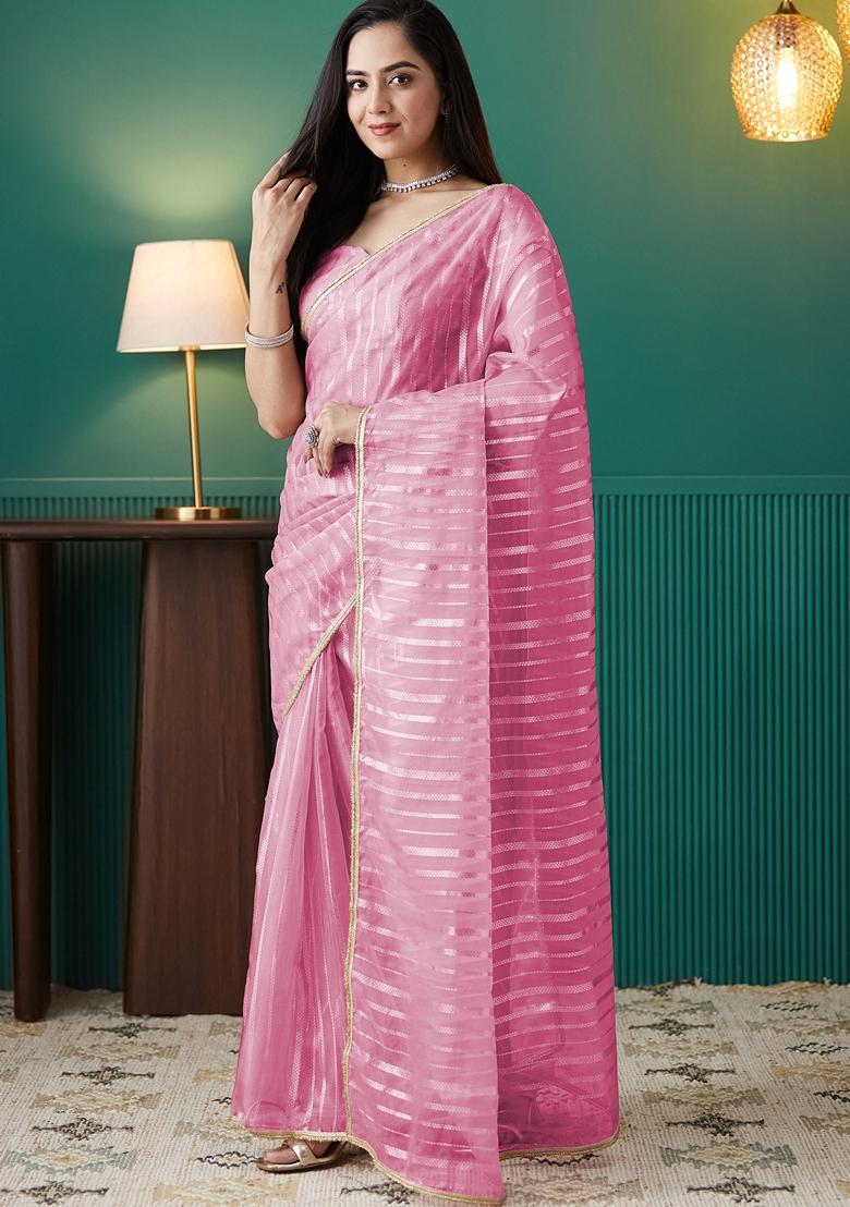 Pink Striped Organza Saree Set