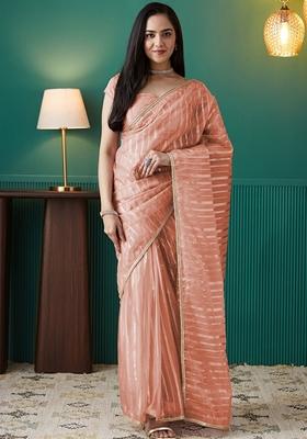 Peach Striped Organza Saree Set