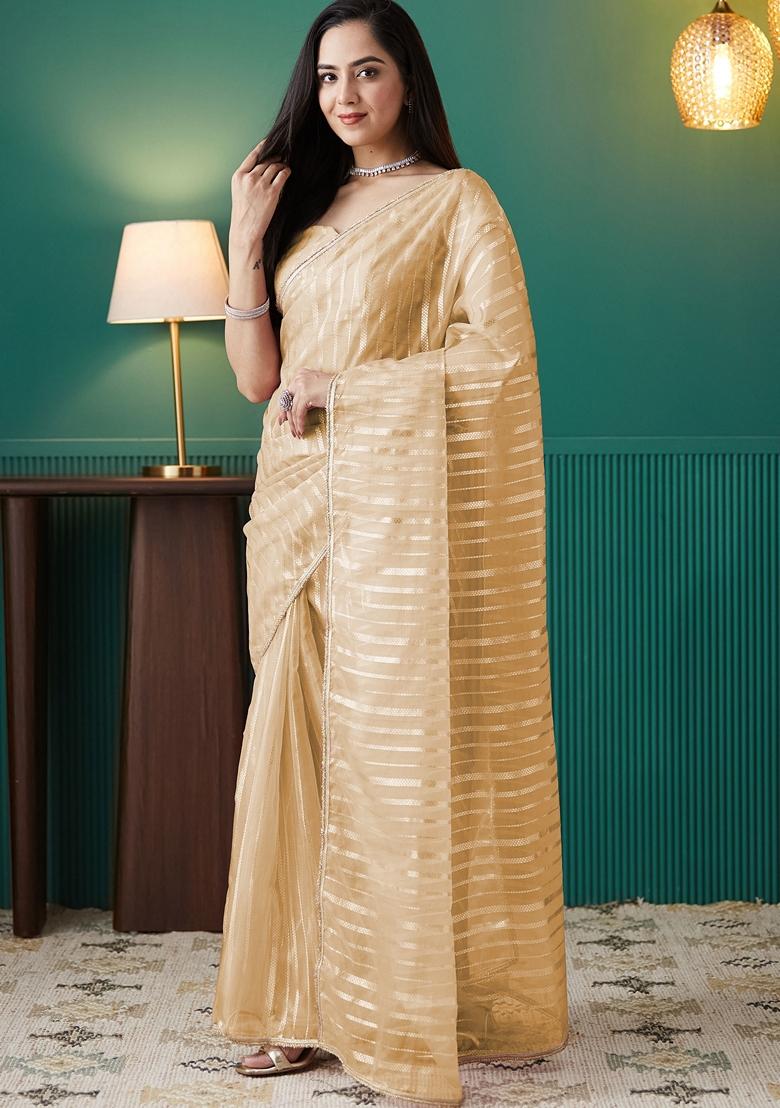 Yellow Striped Organza Saree Set