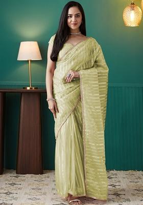 Lime Green Striped Organza Saree Set