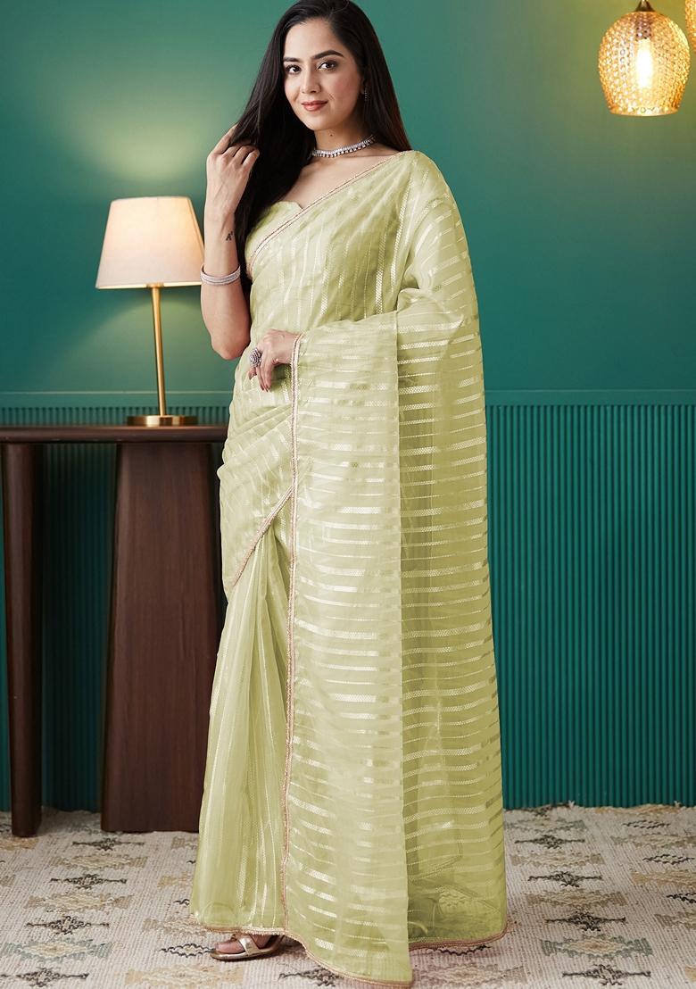 Lime Green Striped Organza Saree Set