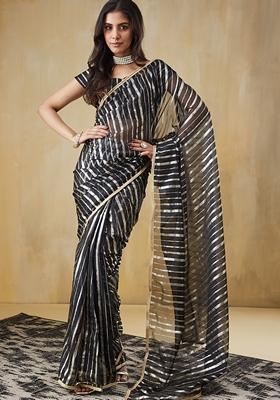 Black Striped Organza Saree Set