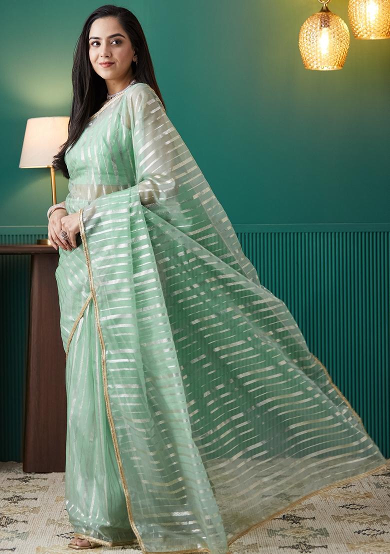 Rama Green Striped Organza Saree Set