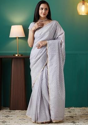 Grey Striped Organza Saree Set