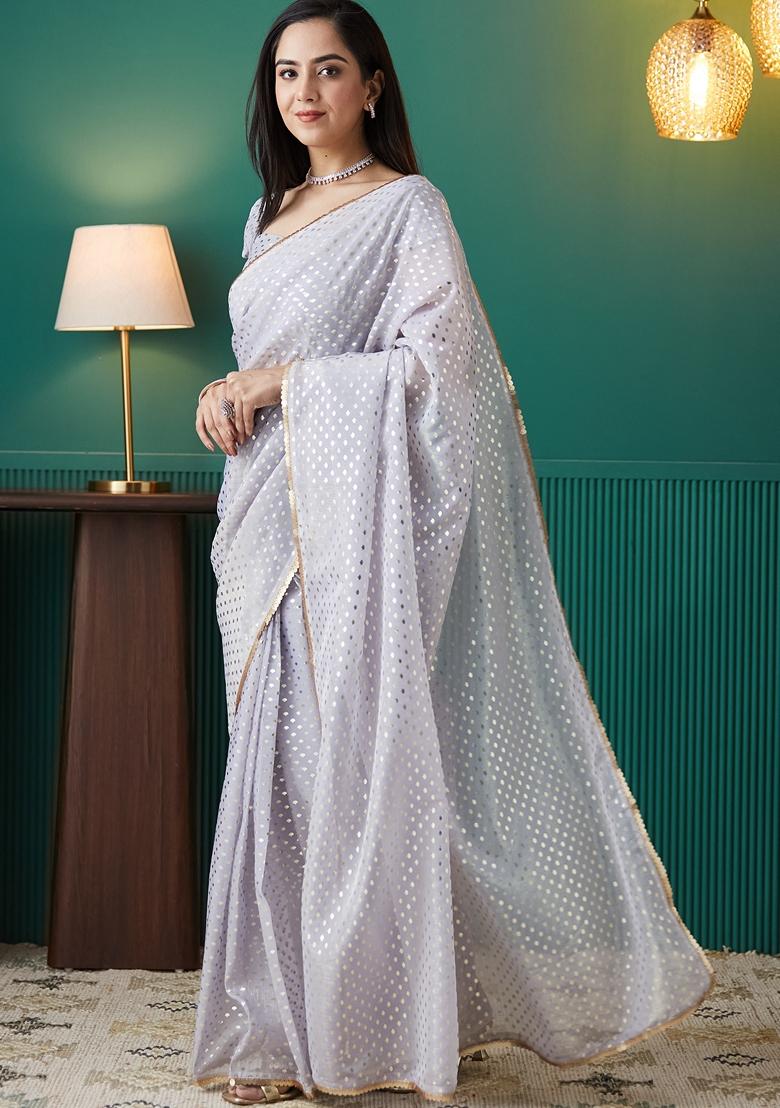 Grey Striped Organza Saree Set
