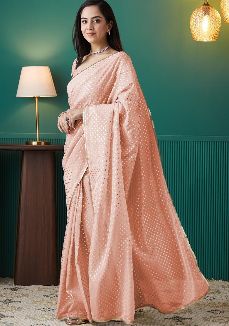 Peach Polka Dots Organza Saree Set