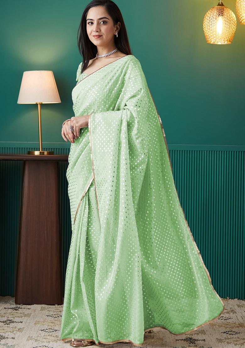 Green Polka Dots Organza Saree Set