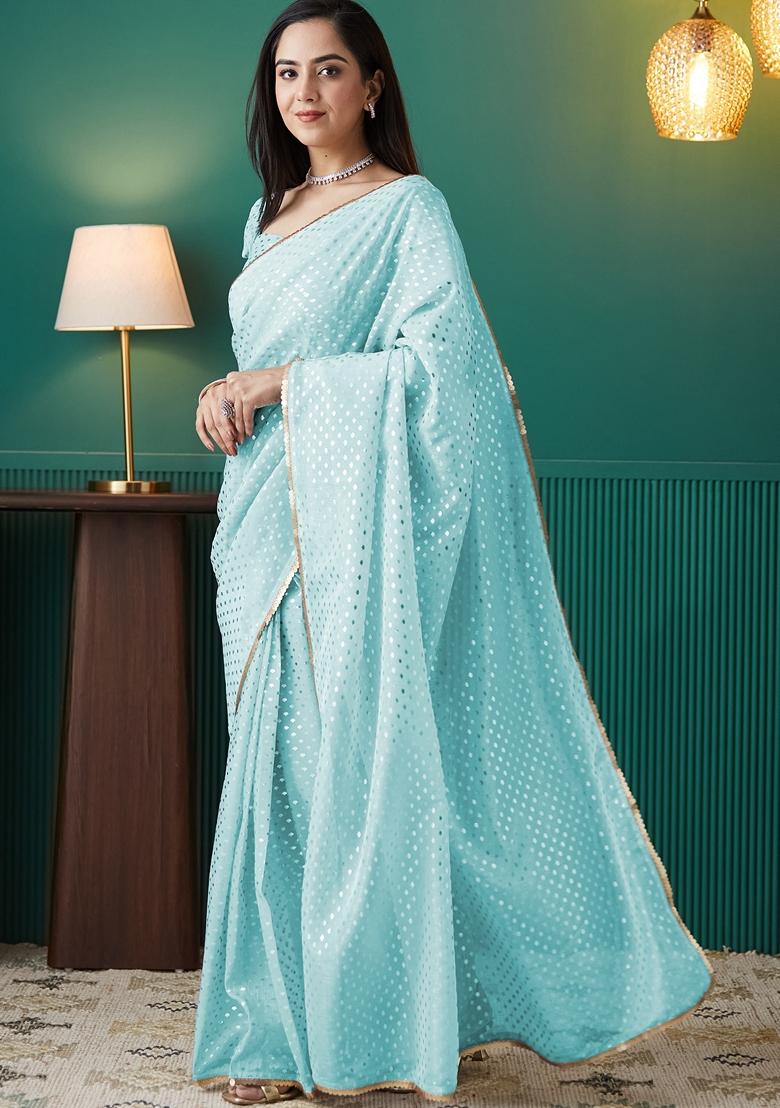 Aqua Blue Polka Dots Organza Saree Set