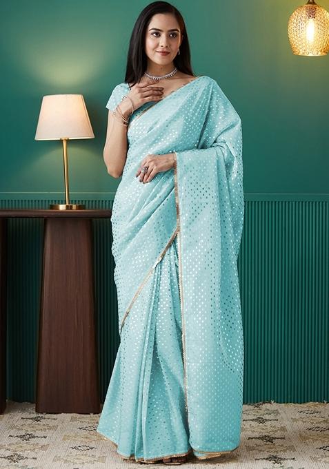 Aqua Blue Polka Dots Organza Saree Set