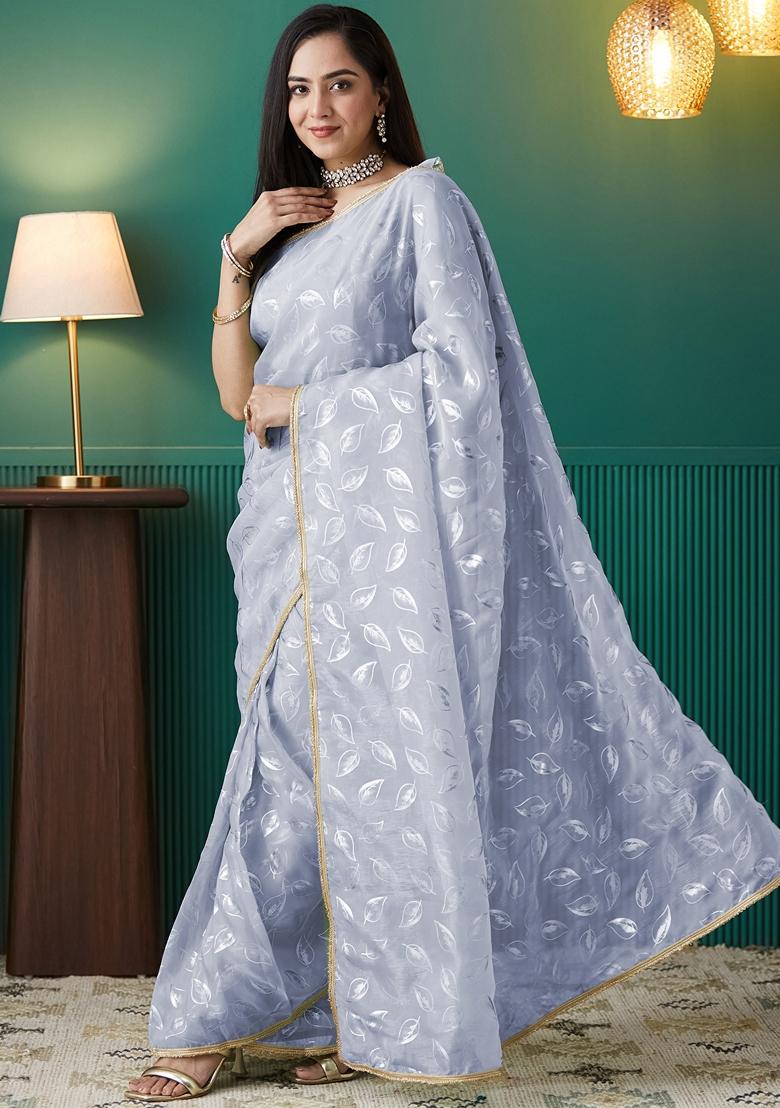Grey Polka Dots Organza Saree Set
