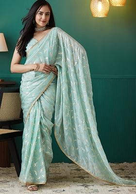 Turquoise Polka Dots Organza Saree Set