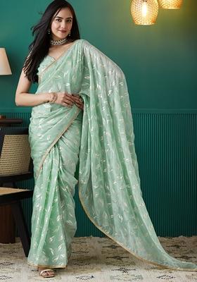 Sea Green Polka Dots Organza Saree Set