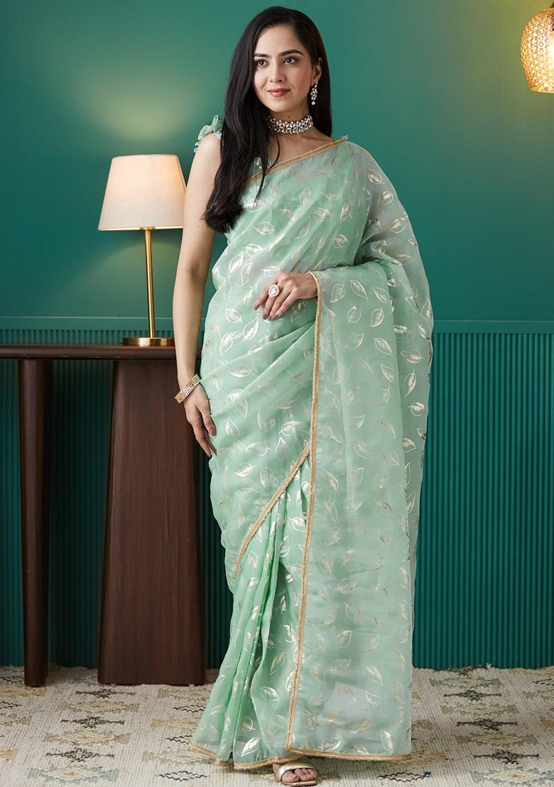 Sea Green Polka Dots Organza Saree Set