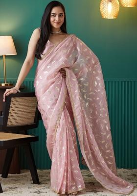 Baby Pink Polka Dots Organza Saree Set