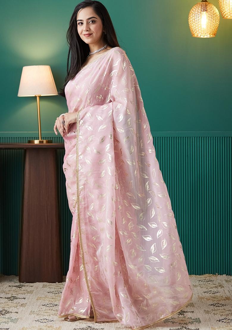 Baby Pink Polka Dots Organza Saree Set