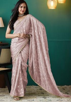Mauve Pink Polka Dots Organza Saree Set