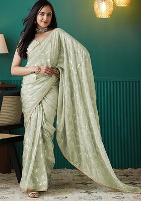 Light Green Polka Dots Organza Saree Set