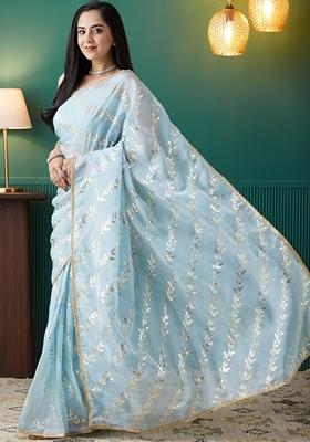Blue Polka Dots Organza Saree Set