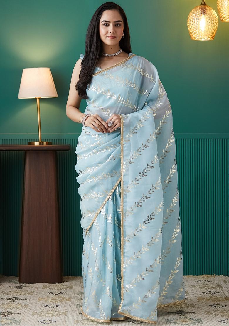 Blue Polka Dots Organza Saree Set
