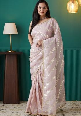 Mauve Pink Polka Dots Organza Saree Set
