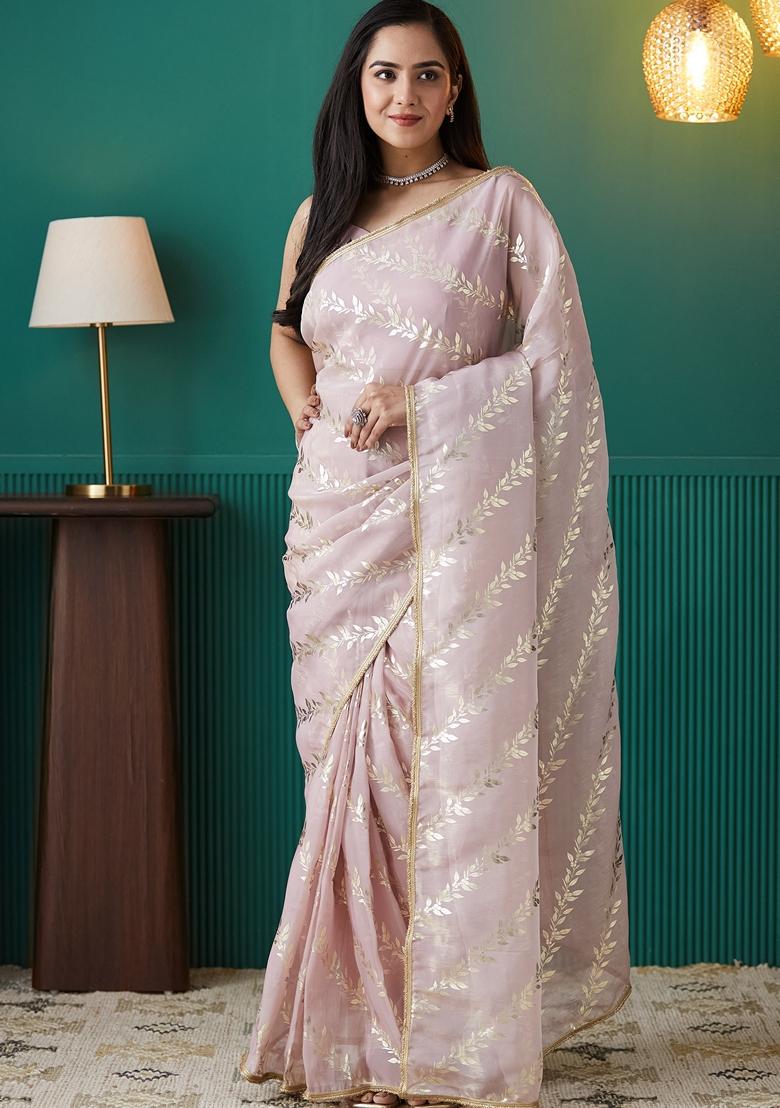 Mauve Pink Polka Dots Organza Saree Set