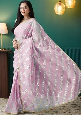 Pink Polka Dots Organza Saree Set