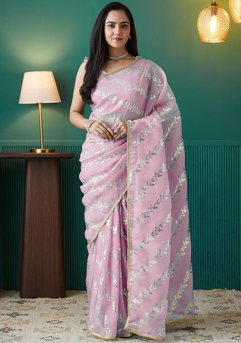 Pink Polka Dots Organza Saree Set