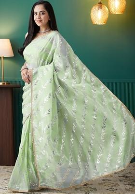 Green Polka Dots Organza Saree Set