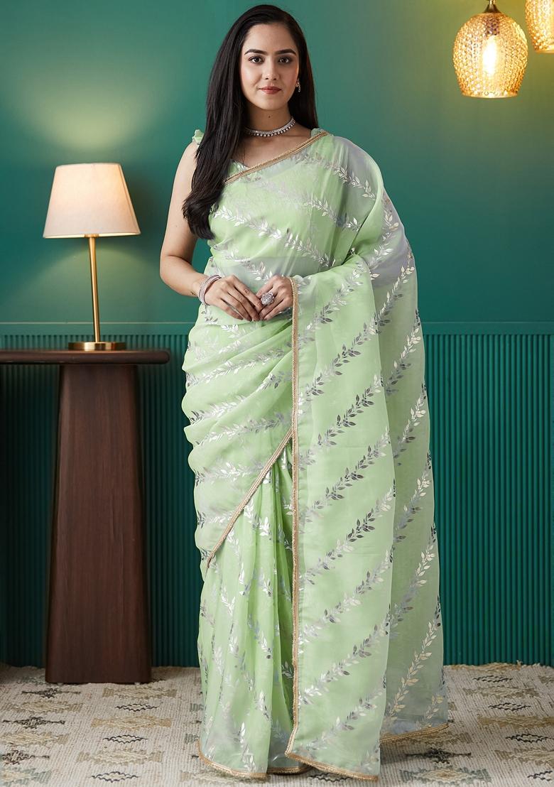 Green Polka Dots Organza Saree Set