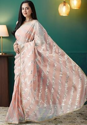 Peach Polka Dots Organza Saree Set